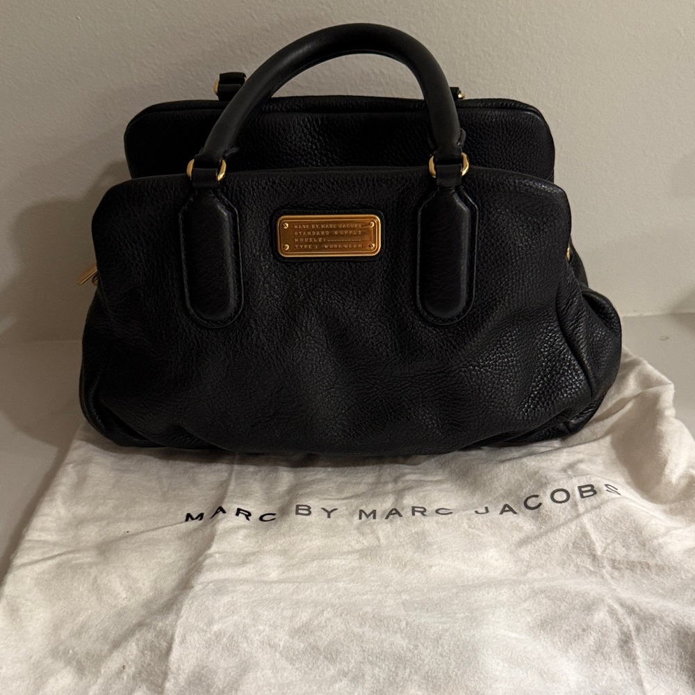 Marc by Marc Jacobs Black Pebbled Leather Satchel with Gold Plaque
